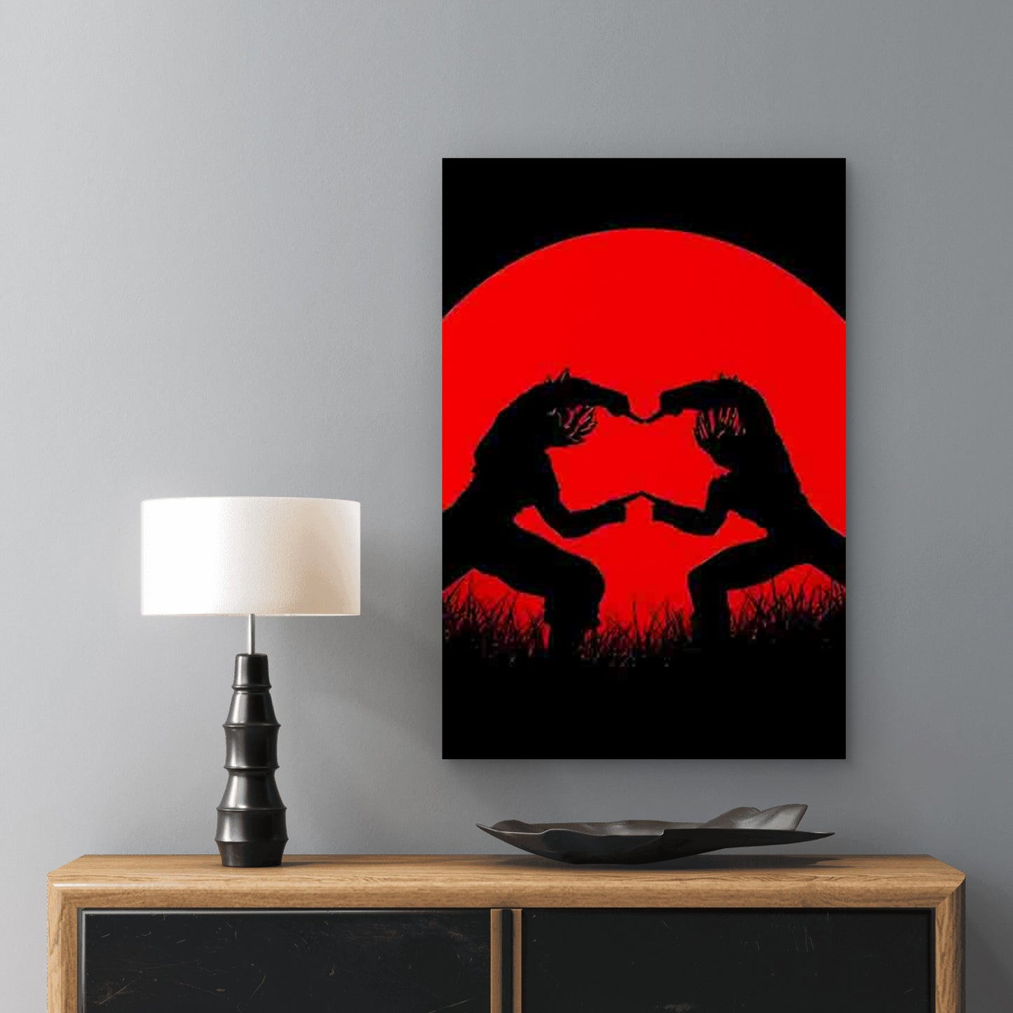 Red Circle Background with Silhouettes Making Heart 60x90cm Metal Print Ready to Hang - Bella Home Decor