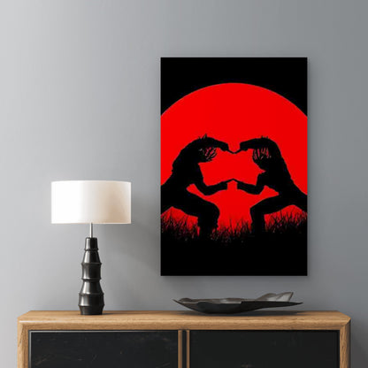 Red Circle Background with Silhouettes Making Heart 60x90cm Metal Print Ready to Hang - Bella Home Decor