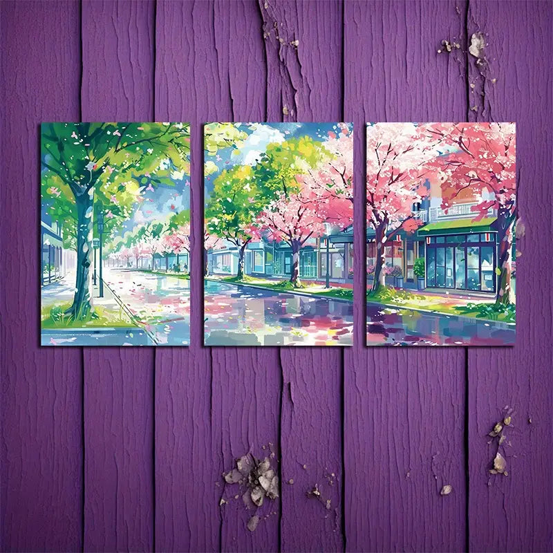 3pcs Anime Cherry Blossom & Tokyo Street View Metal Print Ready to Hang Art - Bella Home Decor