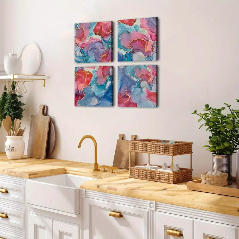 4pcs Vibrant Pink, Turquoise, And Blue FluidWall Art Canvas Framed