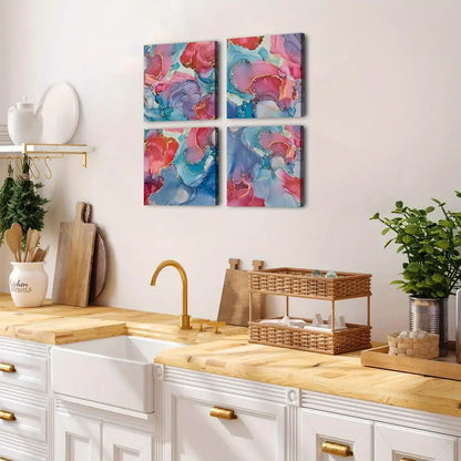 4pcs Vibrant Pink, Turquoise, And Blue FluidWall Art Canvas Framed