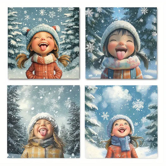4pcs Girl Snowflake Grove Wall Art Canvas Framed