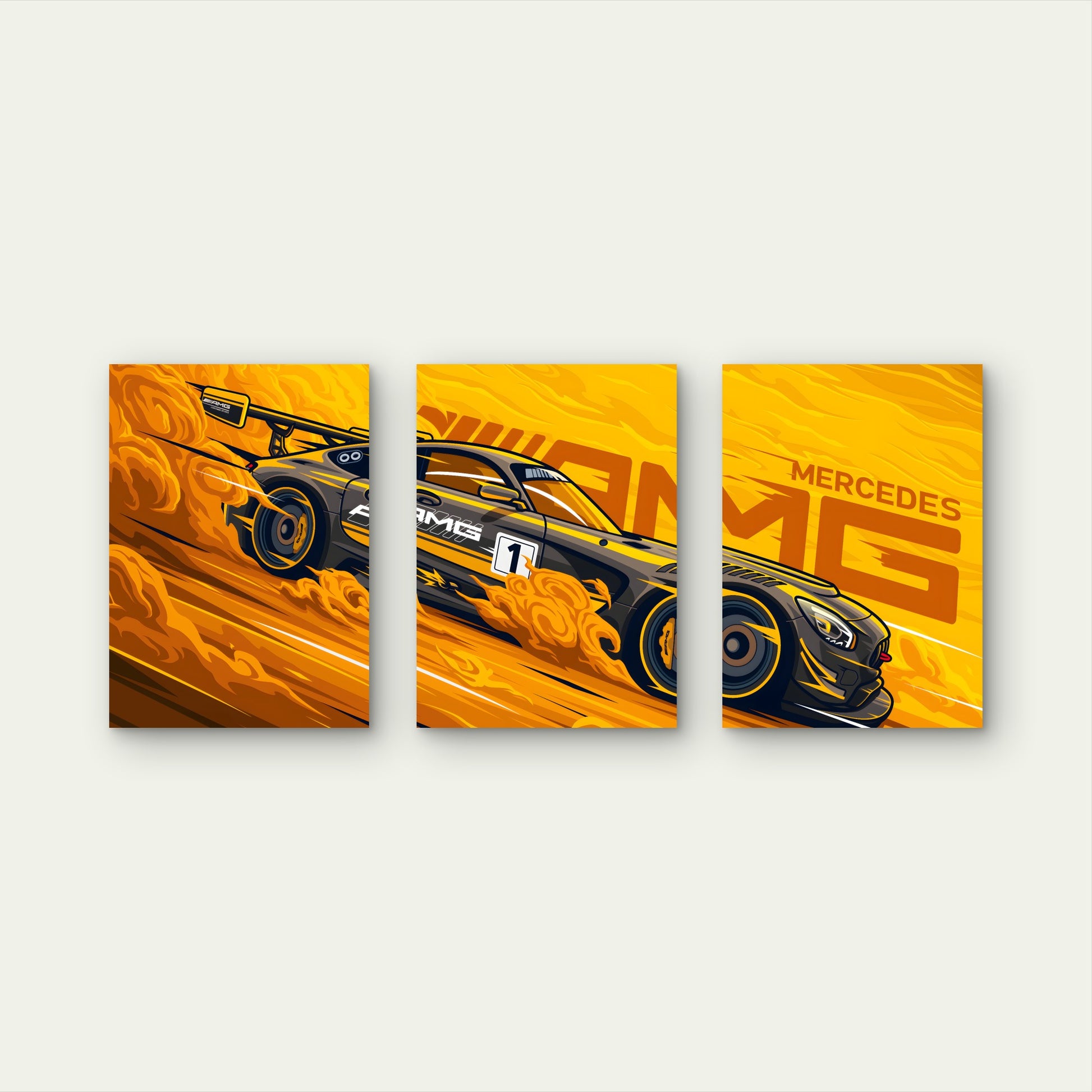 3pcs Vibrant Amber Asphalt Motorsport Graphic Metal Print Ready to Hang Art - Bella Home Decor