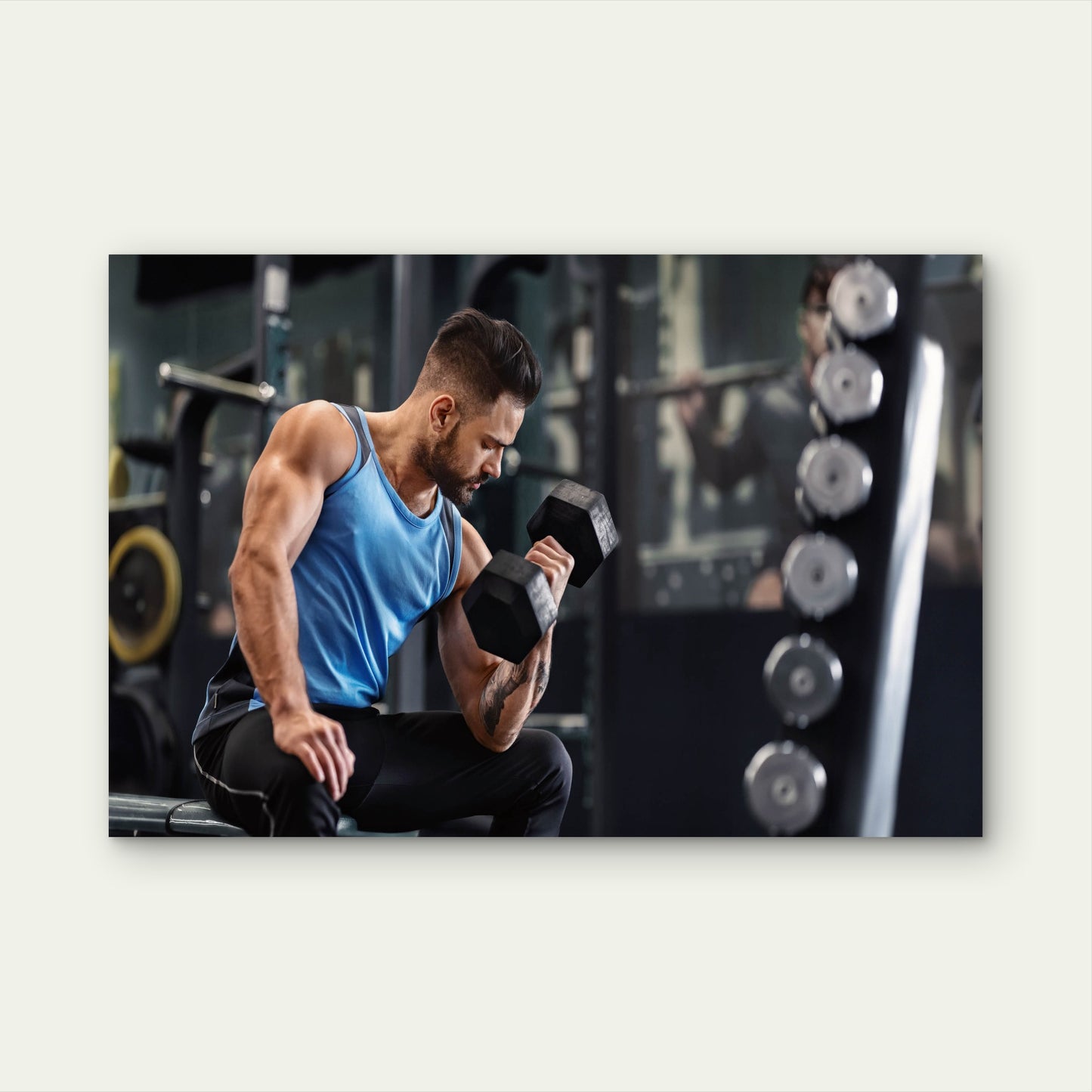 Man Doing Seated Dumbbell Bicep Curl Gym Fitness 5mm thick Plastic Poster Ready to Hang 90x60cm
