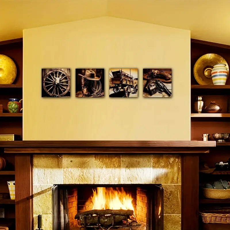 4pcs Cowboy Hat Boot Saddle Faux LeatherWall Art Canvas Framed