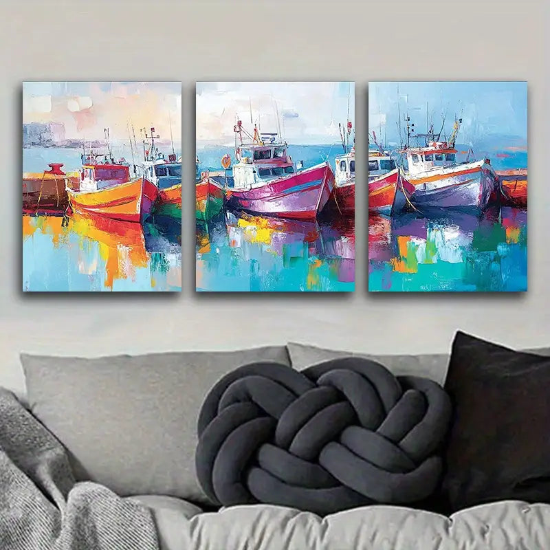 3pcs Fishing Boats Docked In Port Metal Print Ready to Hang Art