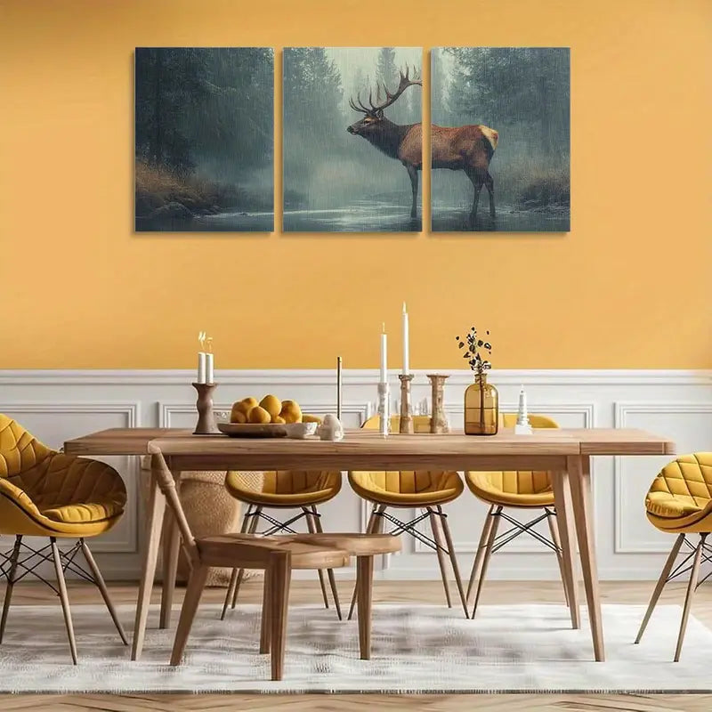 3pcs Deer Forest Nature Scene Misty Road Metal Print Ready to Hang Art