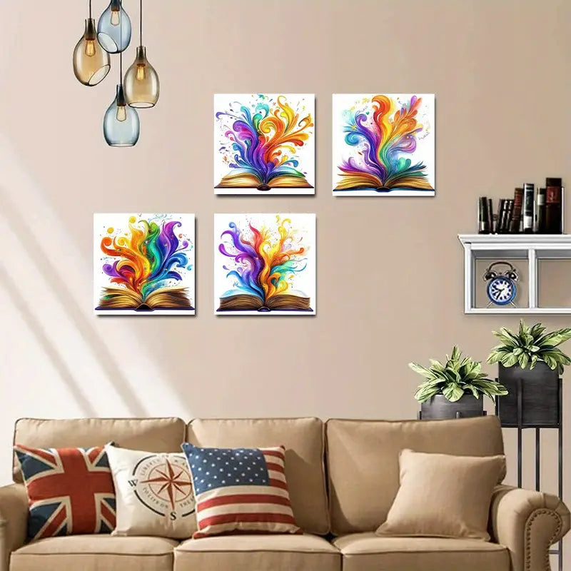 4pcs Colorful Abstract Magic Book Designs Wall Art Canvas Framed