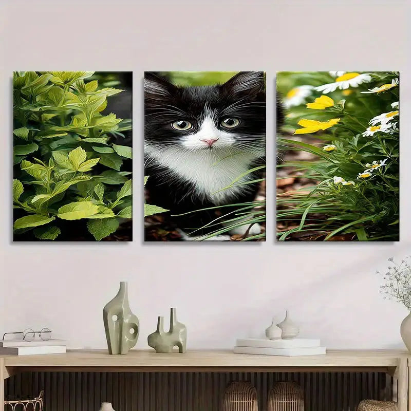 3pcs Black & White Tuxedo Kitten In Garden Metal Print Ready to Hang Art - Bella Home Decor