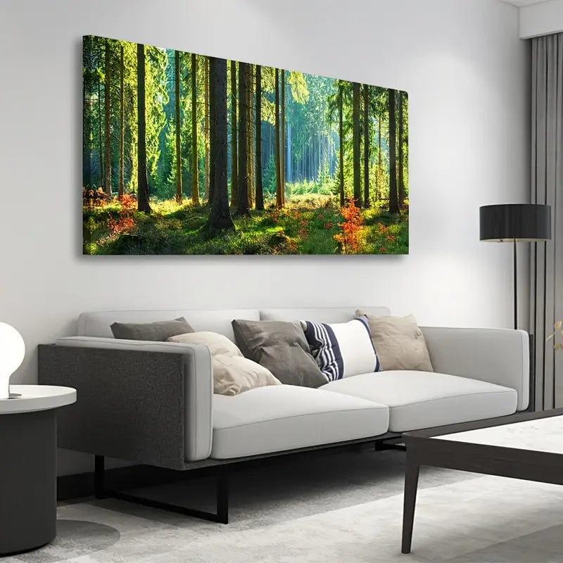 Green Forest Sunny Trees Flowers Grassland Wall Art canvas office home room framed 120x60cm - Bella Home Decor