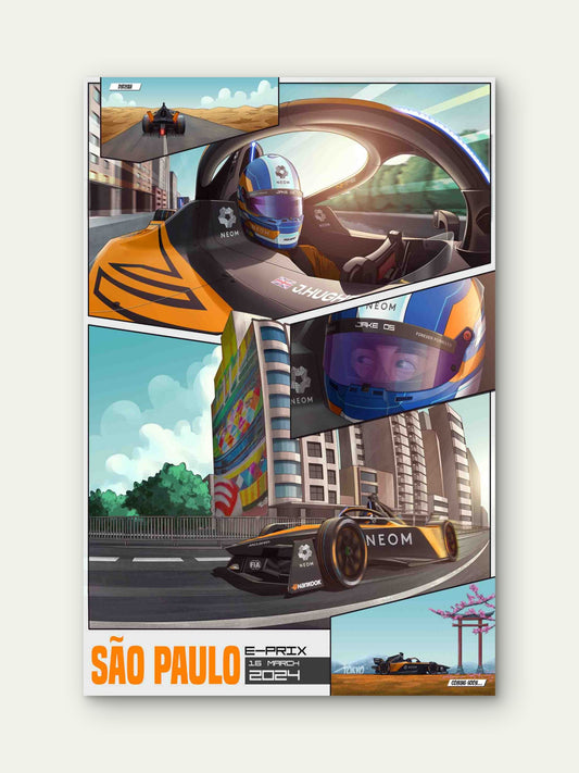 Comic Book Race Car São Paulo Grand Prix 60x90cm Metal Print Ready to Hang