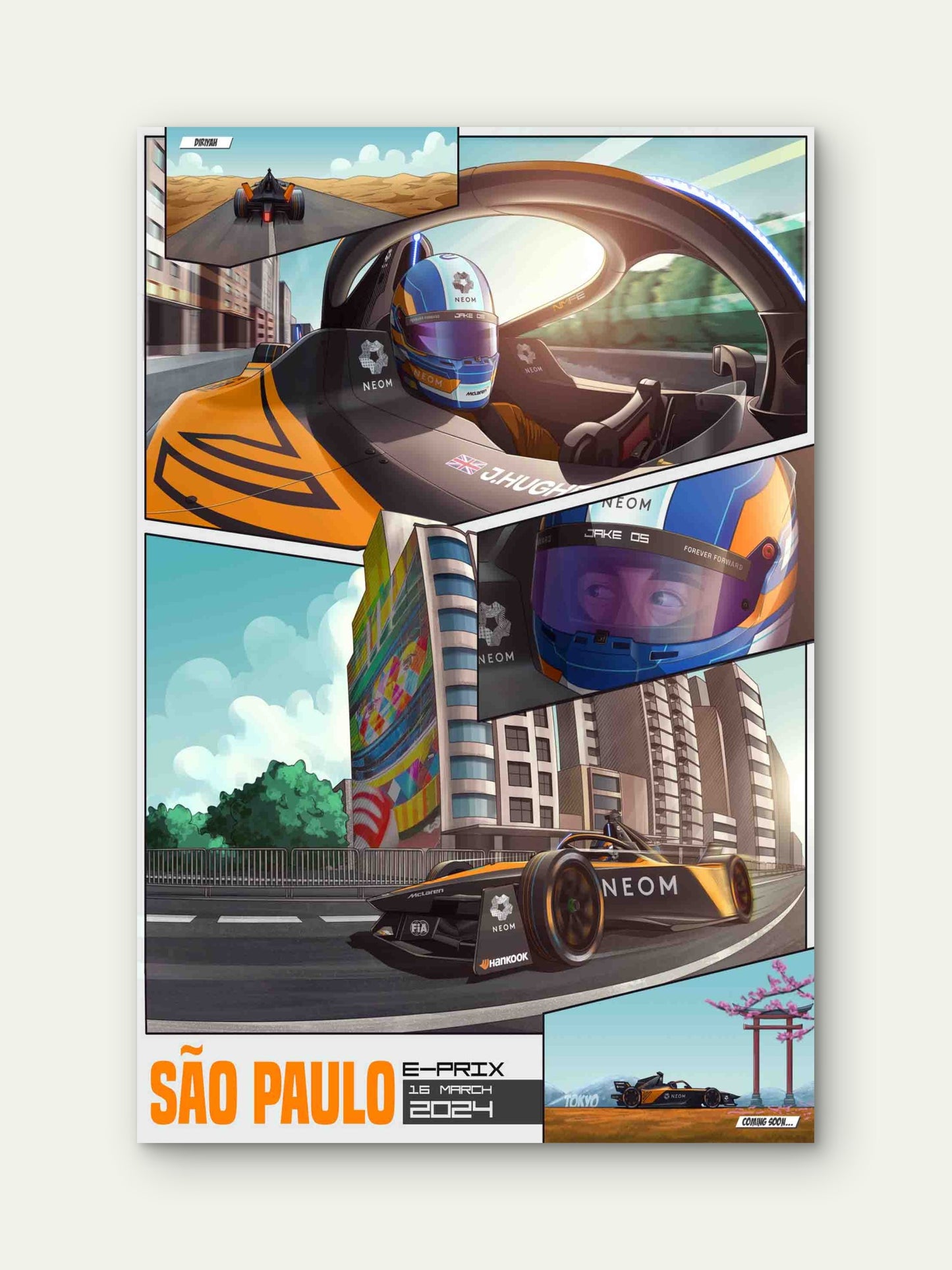 Comic Book Race Car São Paulo Grand Prix 40x60cm Metal Print Ready to Hang