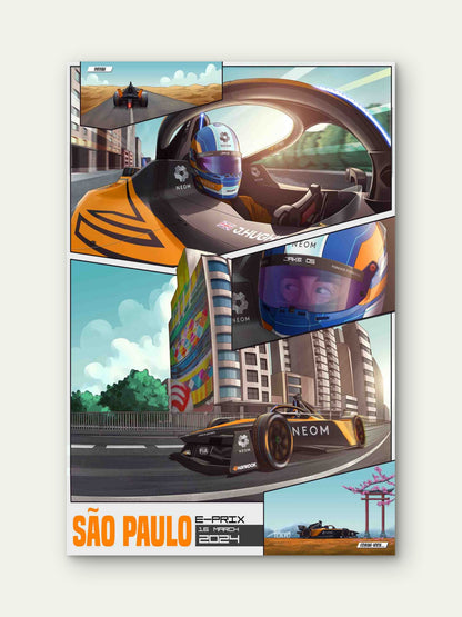 Comic Book Race Car São Paulo Grand Prix 40x60cm Metal Print Ready to Hang