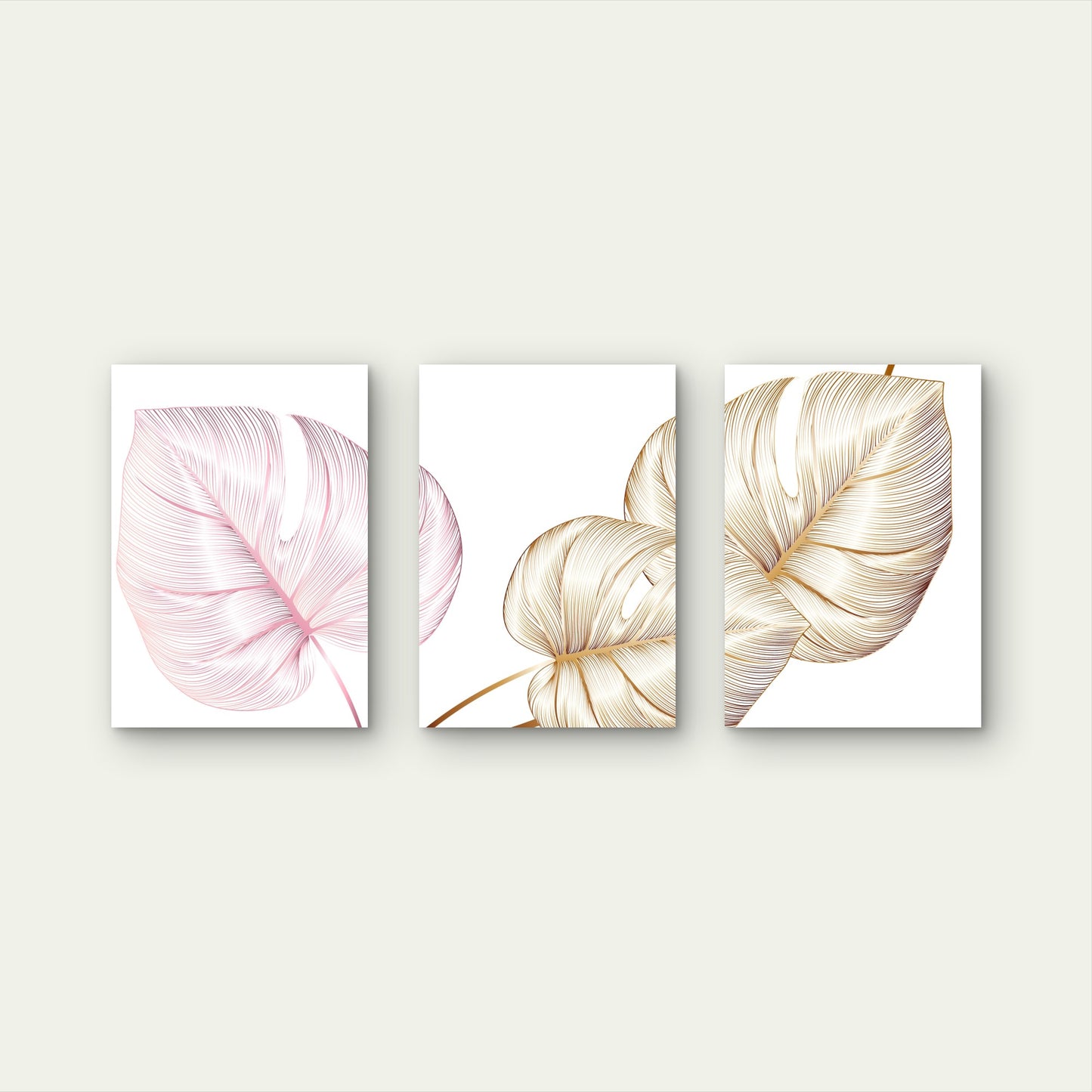 3pcs Pink Gold Monstera Tropical Leaf Wall Art Set Canvas Framed 40x60cm - High Quality Print 100% Australian Made Wall Canvas Ready to Hang