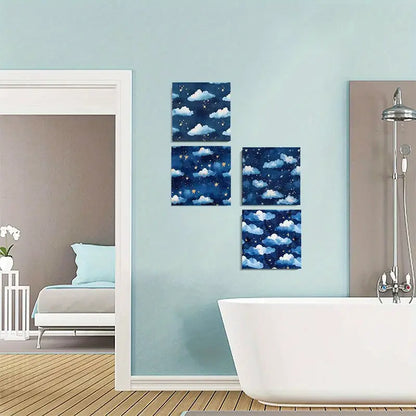 4pcs  Blue & White Clouds, Golden   Wall Art Canvas Framed