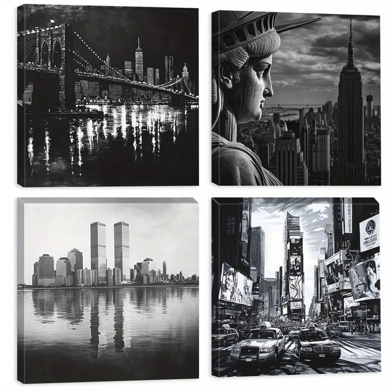 4pcs Skyline Poster, Statue Of Liberty Paintings Wall Art Canvas Framed