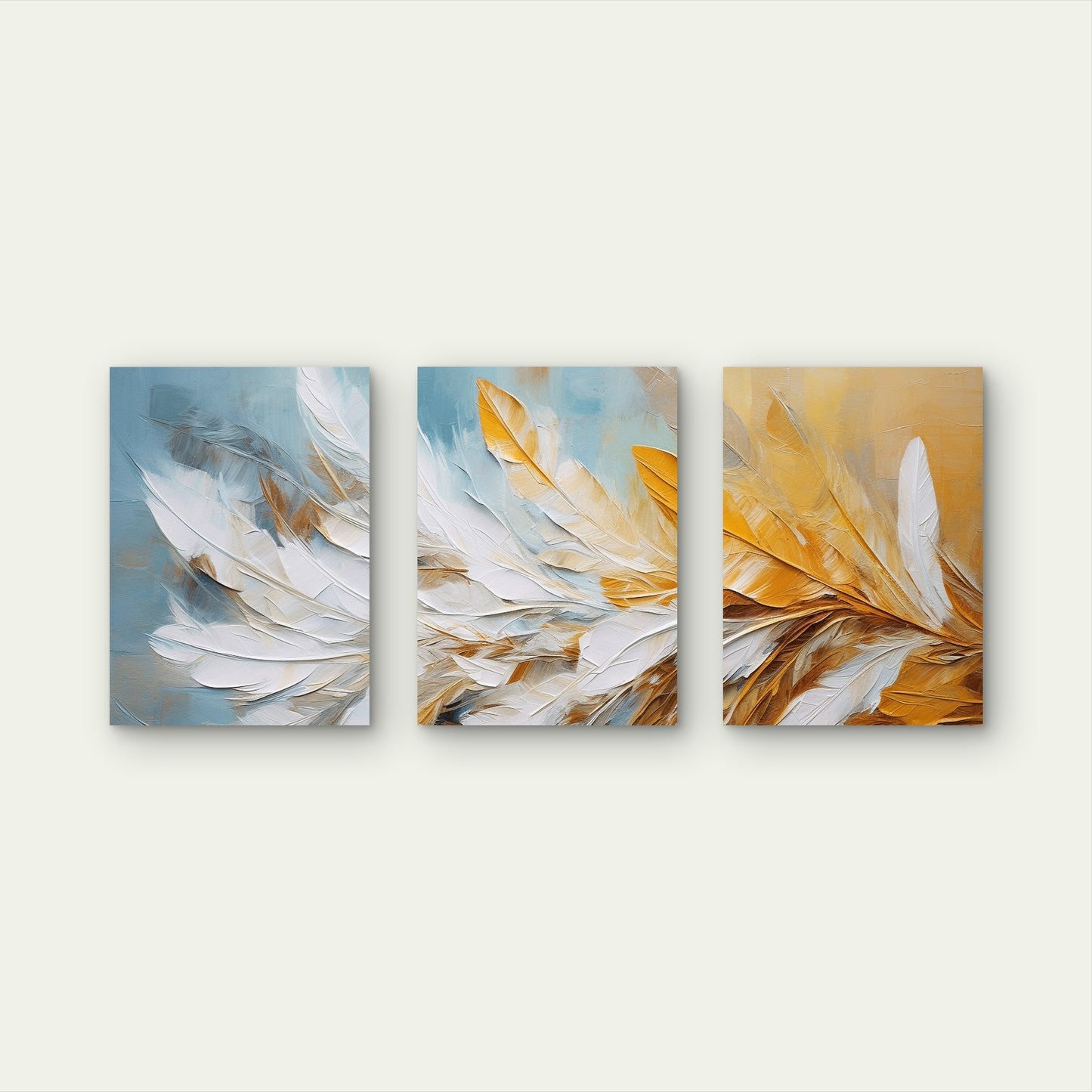 3pcs Modern Abstract Teal Yellow Feather   Wall Art Set Canvas Framed 40x60cm - High Quality Print 100% Australian Made Wall Canvas Ready to Hang
