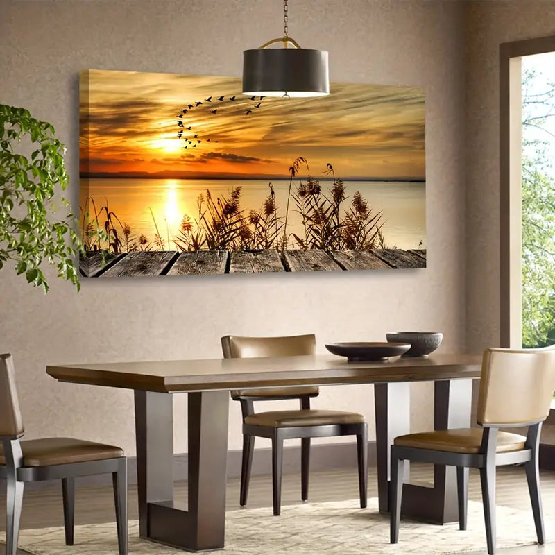 Sunset Lake Vibrant Nature Scene Wall Art canvas office home room framed 120x60cm - Bella Home Decor
