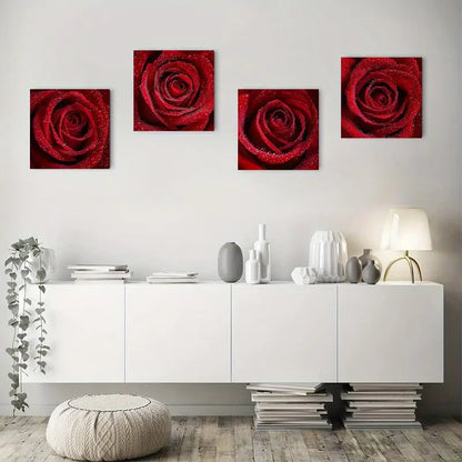 4pcs Vibrant Red Rose Canvas Wall Art Canvas Framed