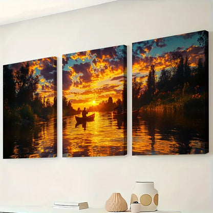 3pcs River at Dusk Tranquil Fishing Scene Wall Art Set Canvas Framed 40x60cm - High Quality Print 100% Australian Made Wall Canvas Ready to Hang