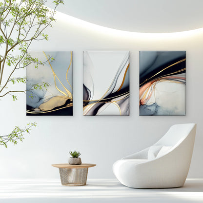 3pcs Navy Blue Gray Gold Ink Abstract    Wall Art Set Canvas Framed 50x70cm - High Quality Print 100% Australian Made Wall Canvas Ready to Hang