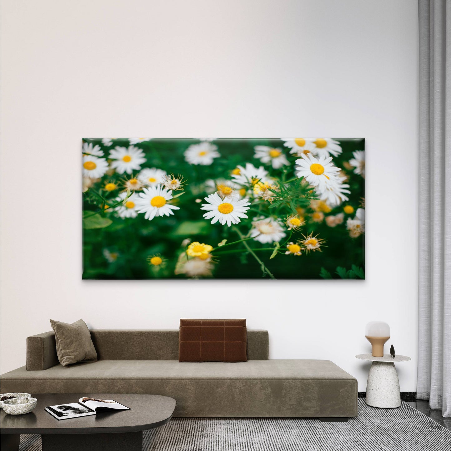 White Daisies In Green Field Wall Art Canvas Office Home Room Framed 120x60cm