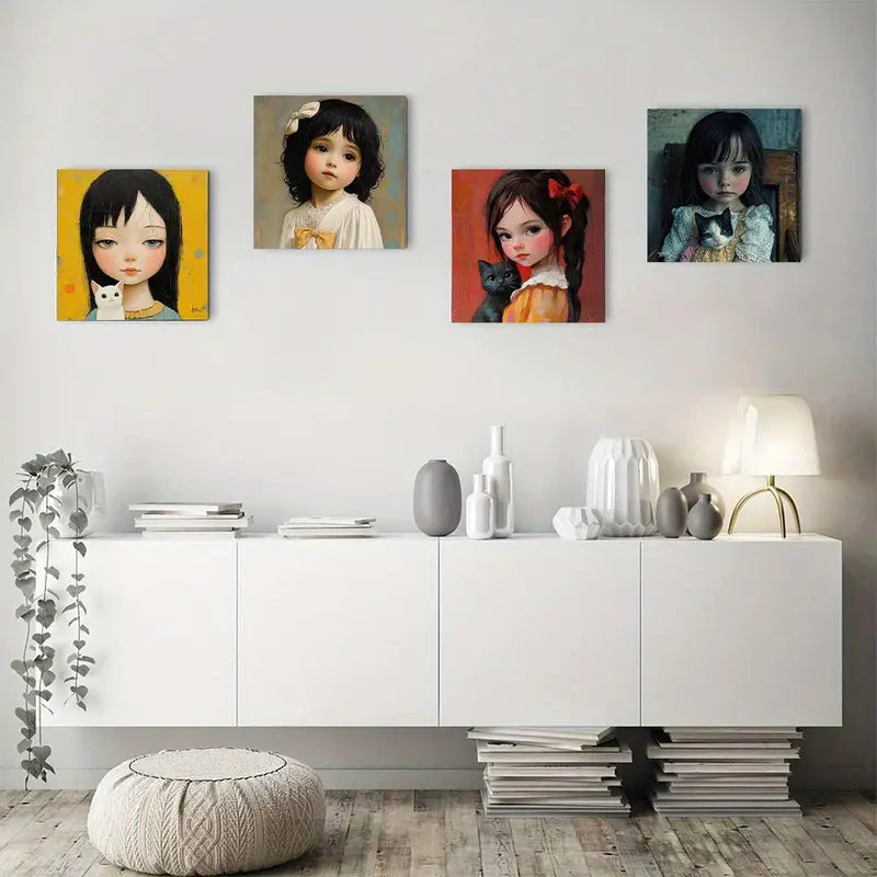 4pcs Vintage Abstract Girl Holding Cat Wall Art Canvas Framed (Copy)