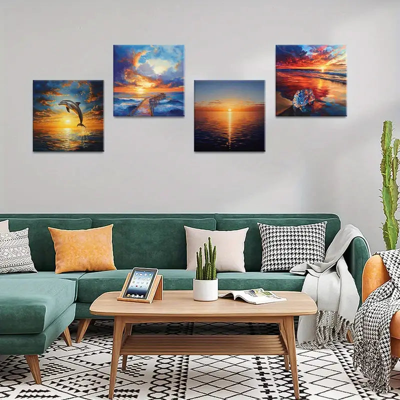 4pcs Sunset Decorative Artwork, Dolphin  Wall Art Canvas Framed