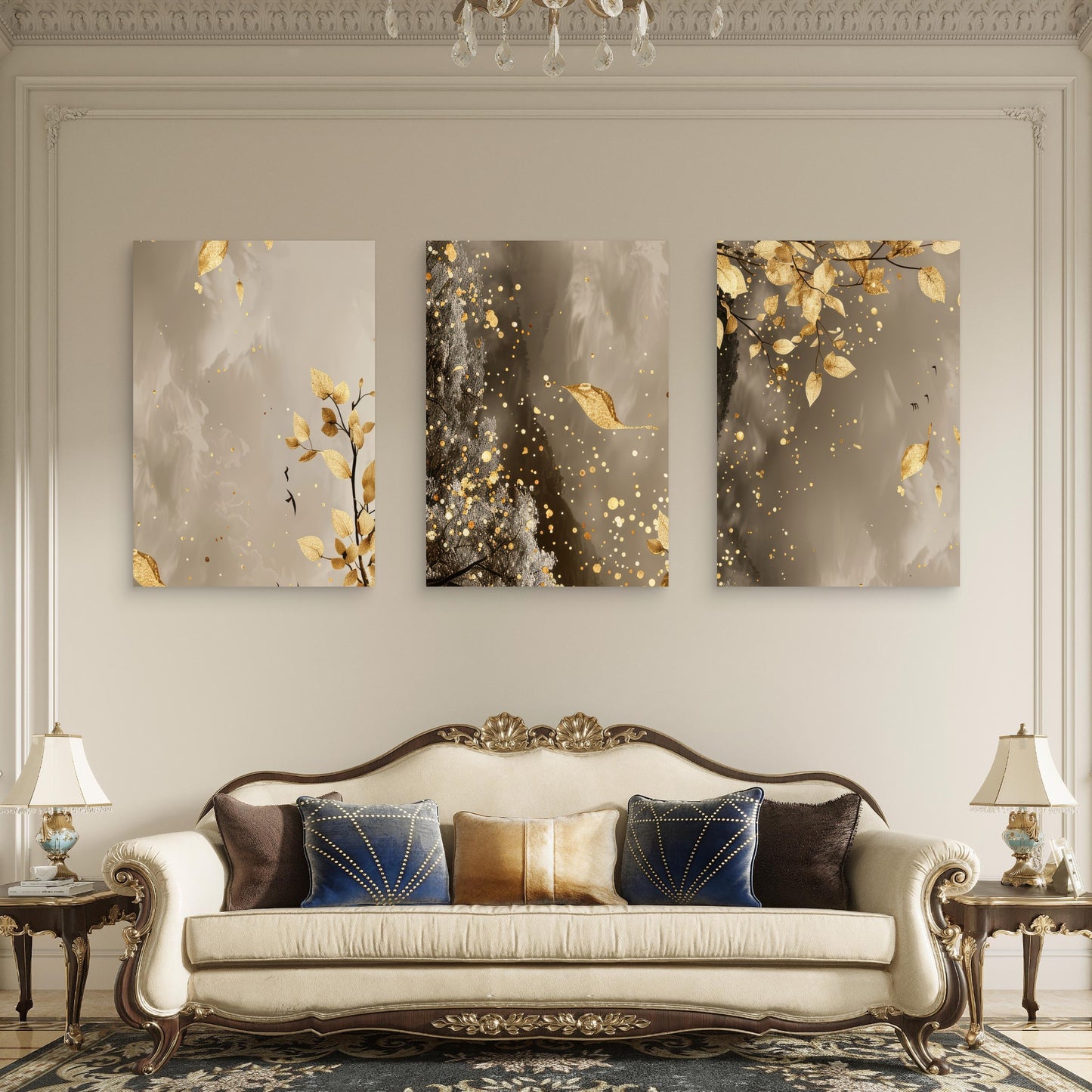 3pcs Modern Golden Botanical Tree Branch Wall Art Set Canvas Framed 60x90cm - High Quality Print 100% Australian Made Wall Canvas Ready to Hang
