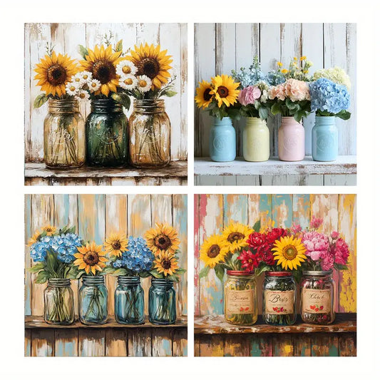 4pcs Sunflower Wall Decor, Glass Jar Posters Wall Art Canvas Framed