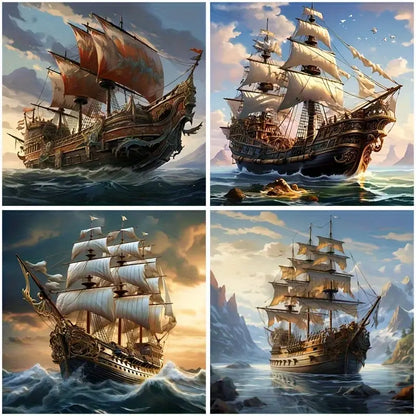4pcs Pirate Ship And Sailboat Design Wall Art Canvas Framed