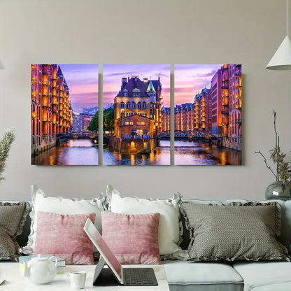 3pcs Hamburg Speicherstadt Canal At Dusk Metal Print Ready to Hang Art