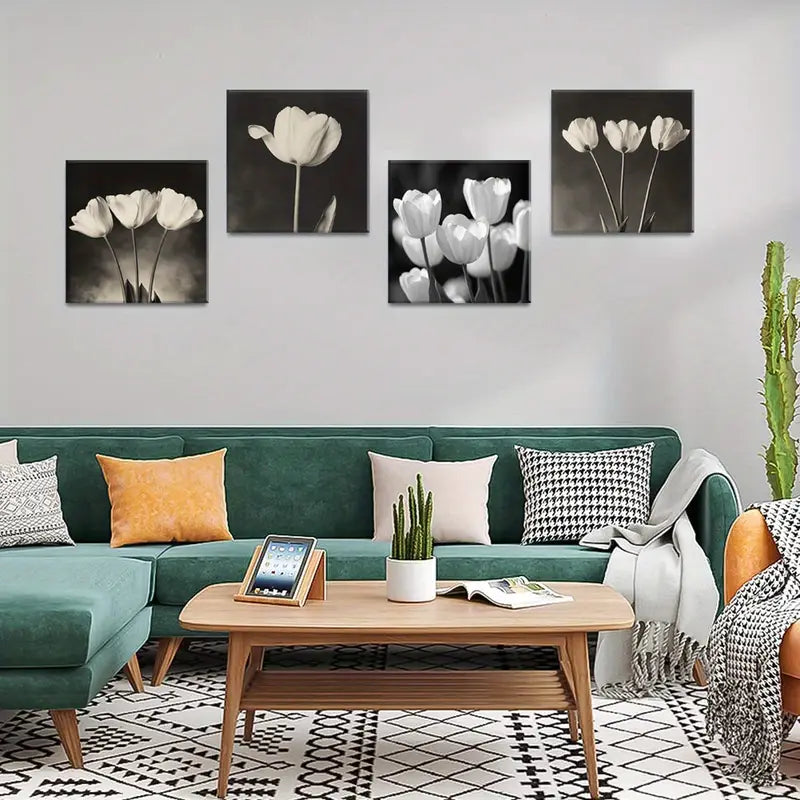 4pcs Black and White Floral Photography Wall Art Canvas Framed