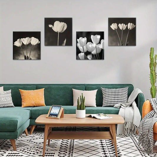 4pcs Black and White Floral Photography Wall Art Canvas Framed