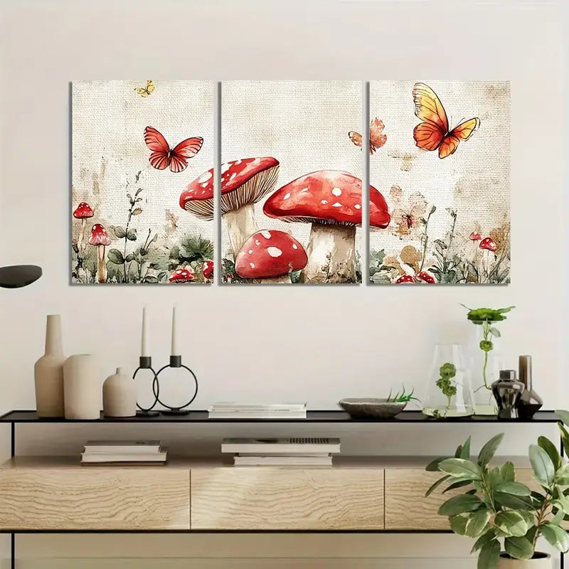 3pcs Red Mushrooms & Butterflies Metal Print Ready to Hang Art
