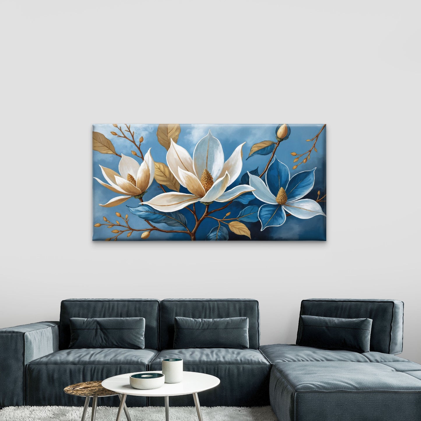 Blue Magnolia Floral Painting Wall Art Canvas Office Home Framed 120x60cm