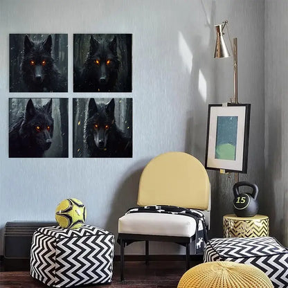 4pcs Dramatic Wolf Portraits with Glowing Orang Wall Art Canvas Framed