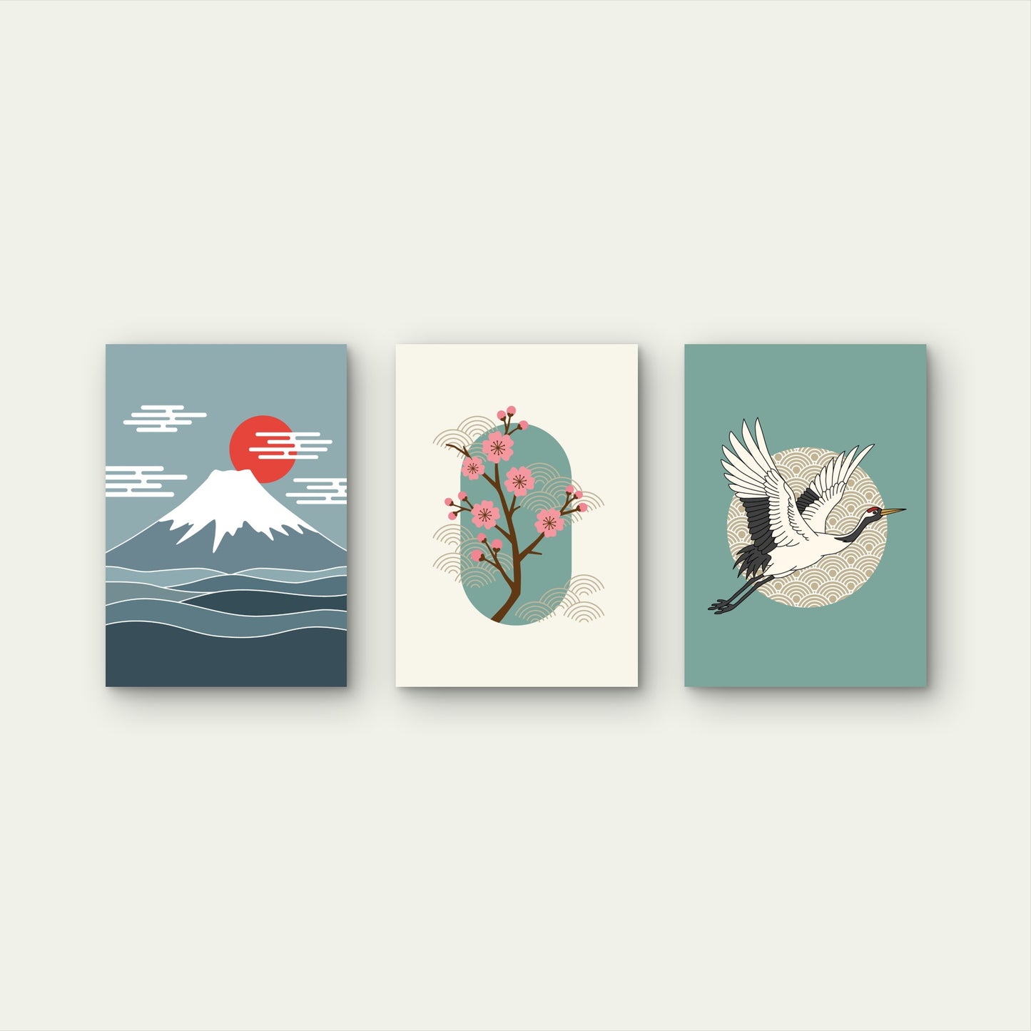 3pcs Japanese Mount Fuji Crane Asian Retro  Wall Art Set Canvas Framed 40x60cm - High Quality Print 100% Australian Made Wall Canvas Ready to Hang
