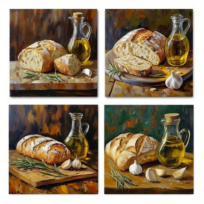 4pcs Vintage Bread Still Life Herbs     Wall Art Canvas Framed
