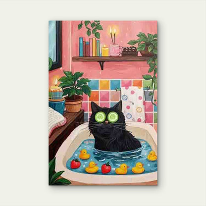 Black Cat with Cucumber in Bathtub Metal Print Ready to Hang