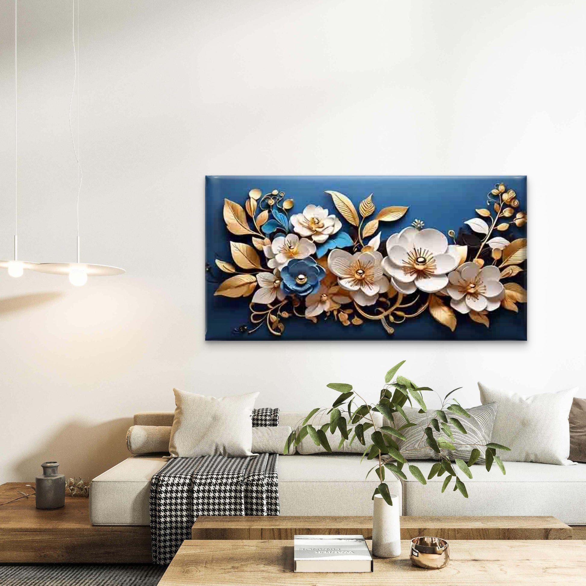 Golden Flowers on Blue Backgrou Wall Art Canvas Office Home Room Framed 120x60cm - Bella Home Decor