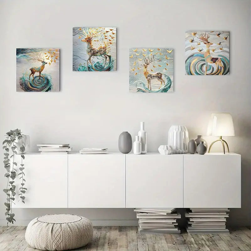 4pcs Feng Shui Golden Rich Tree Wall Art Canvas Framed