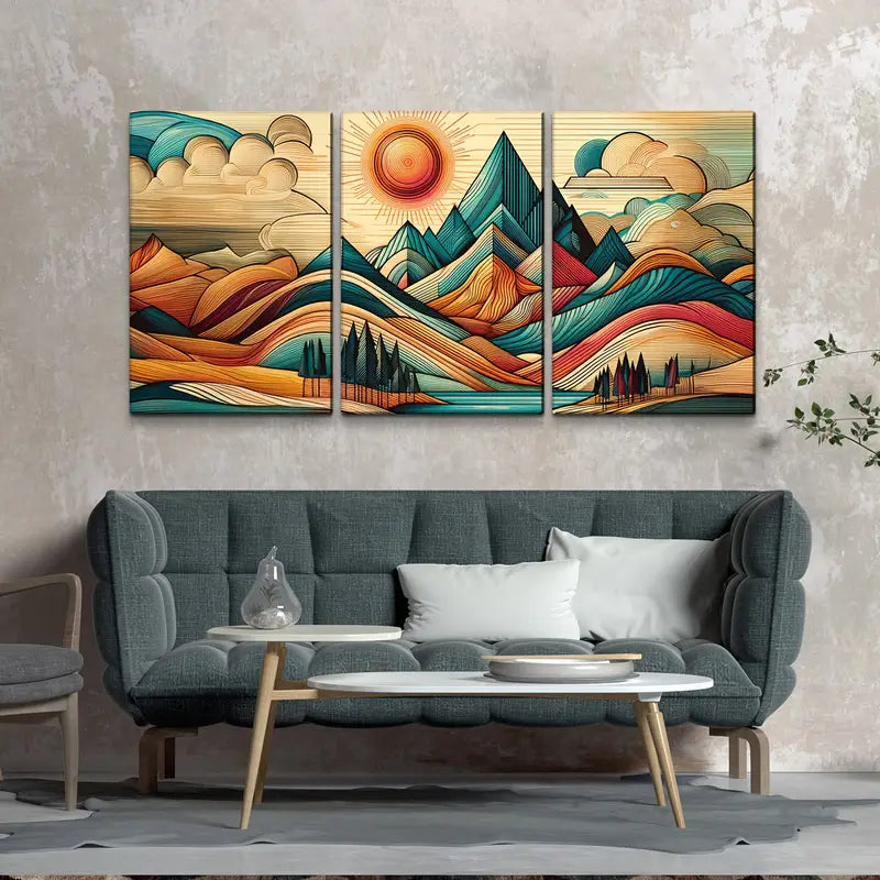 3pcs Bohemian Mountain Landscape Metal Print Ready to Hang Art - Bella Home Decor