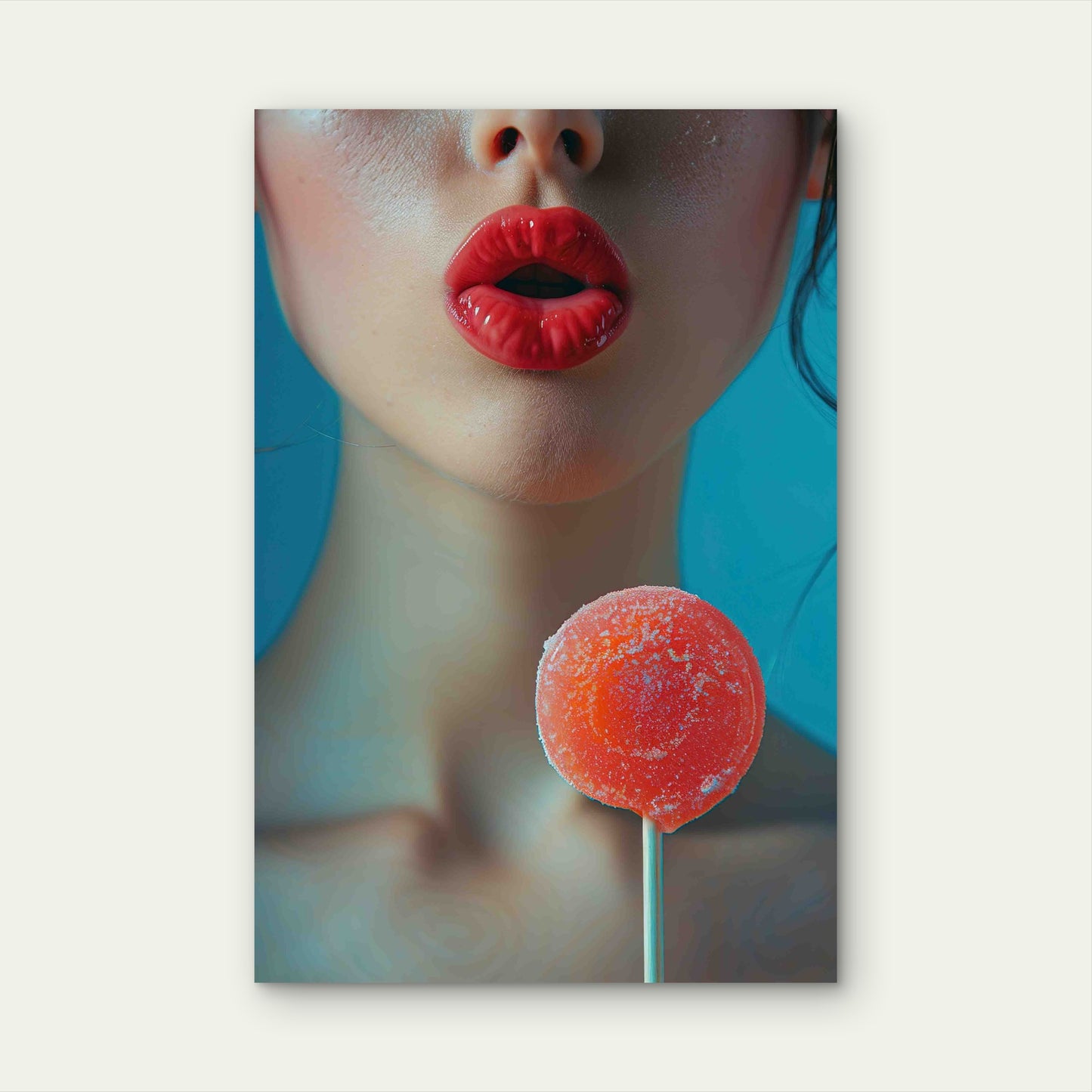 Woman With Red Lips Holding Lollipop 60x90cm Metal Print Ready to Hang