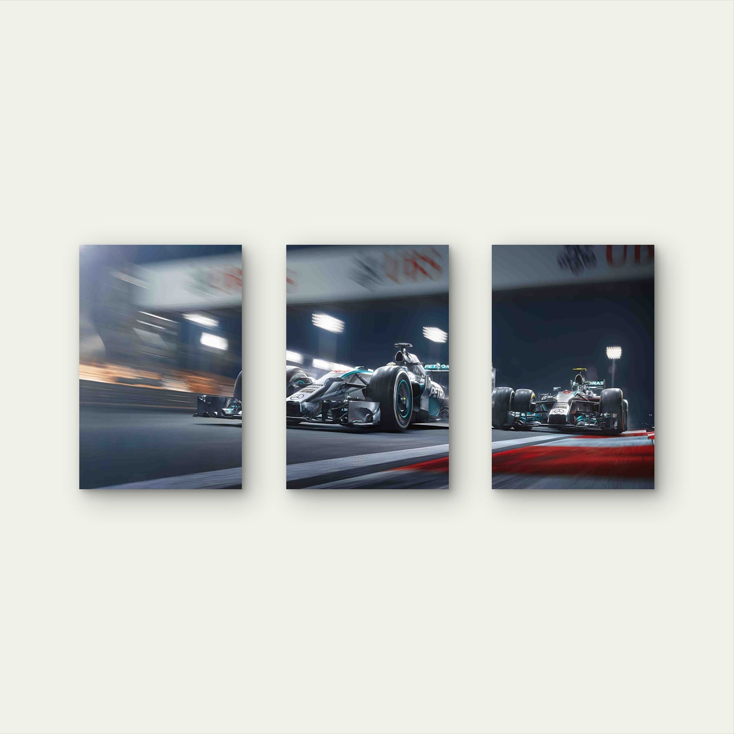 3pcs Formula Racing Car Night Circuit Duel Metal Print Ready to Hang Art