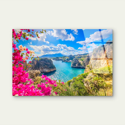 Tonnara di Scopello Sicily Bougainvillea  Acrylic Glass Printing Wall Art Australian Made Quality