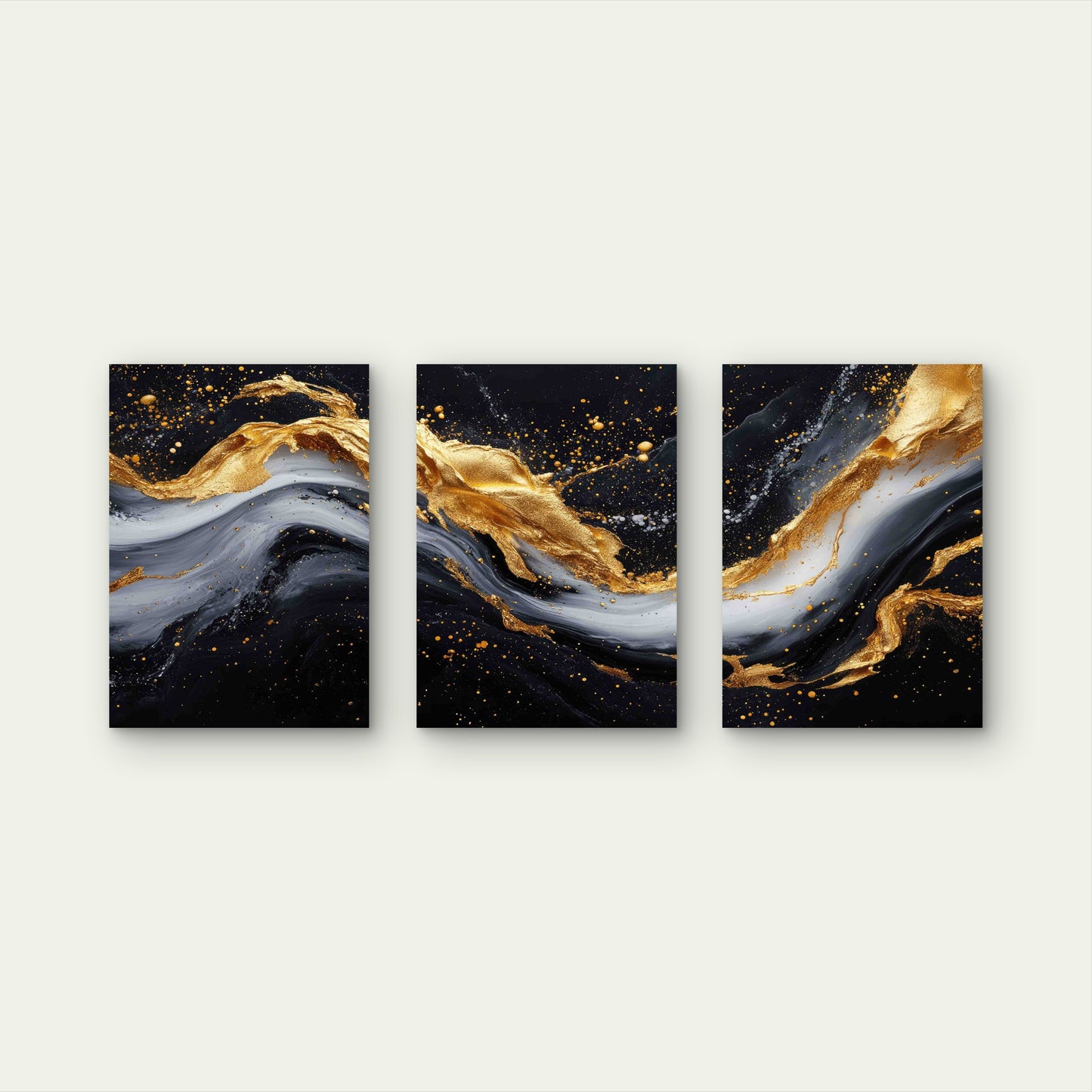 3pcs Painting Gold Black Swirl Metal Print Ready to Hang Art
