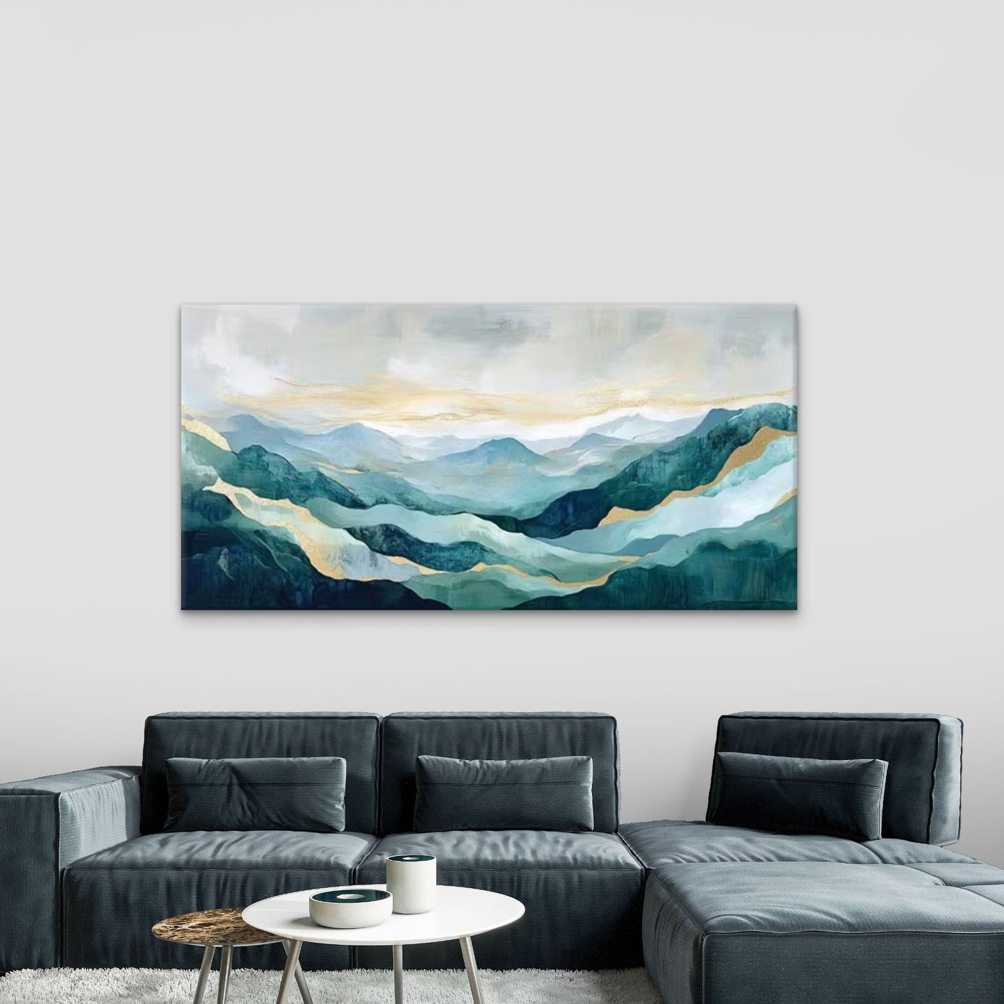 Blue Tones Golden Abstract Wall Art Canvas Office Home Room Framed 120x60cm