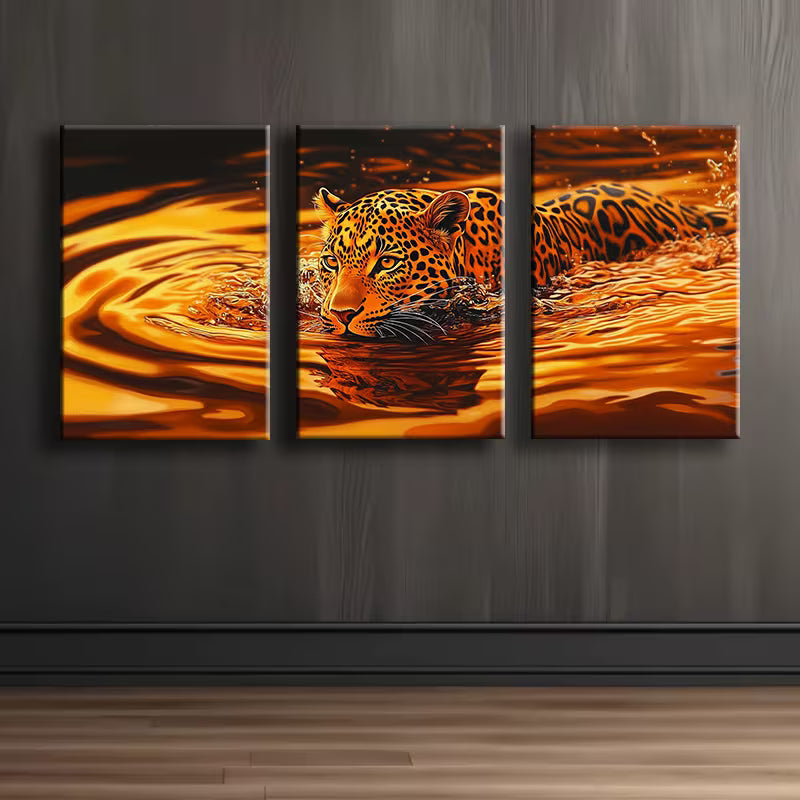 3pcs The swimming leopard Wall Art Set Canvas Framed 40x60cm - High Quality Print 100% Australian Made Wall Canvas Ready to Hang