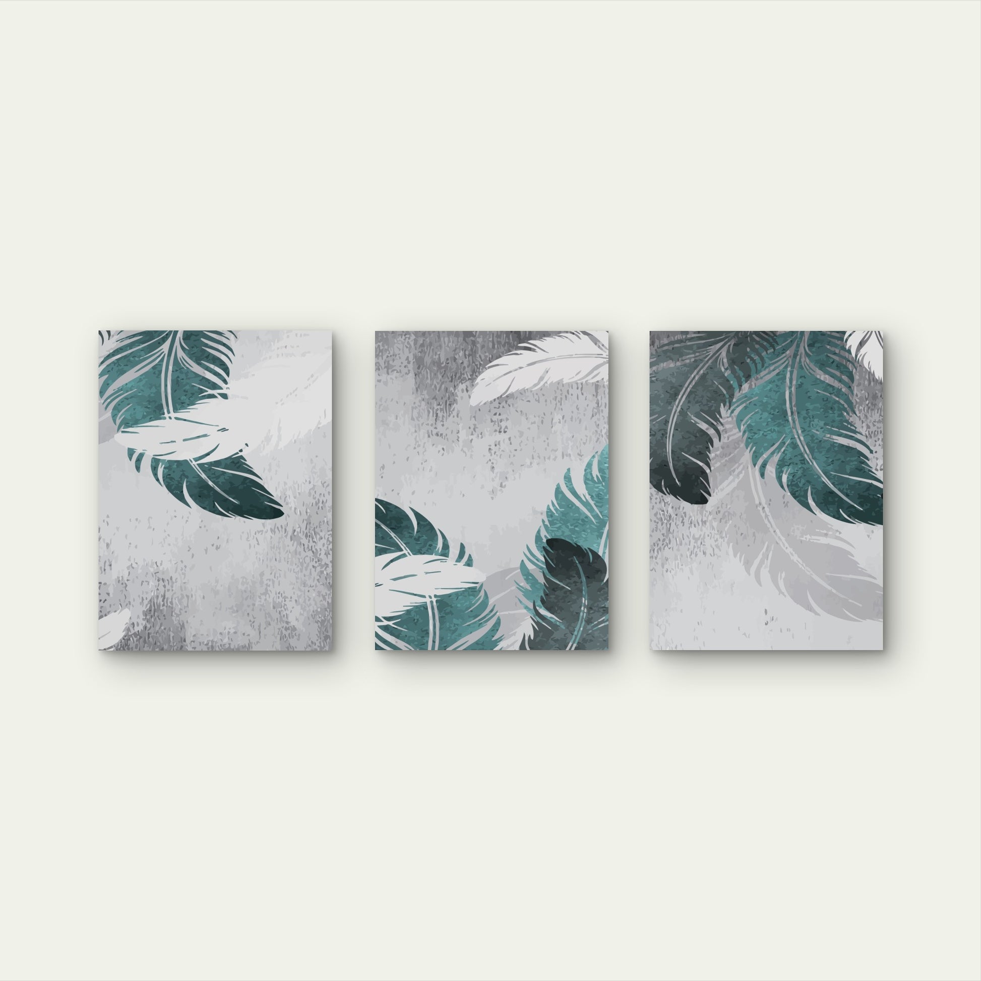 3pcs Boho Teal Gray Feather Abstract Wall Art Set Canvas Framed 40x60cm - High Quality Print 100% Australian Made Wall Canvas Ready to Hang
